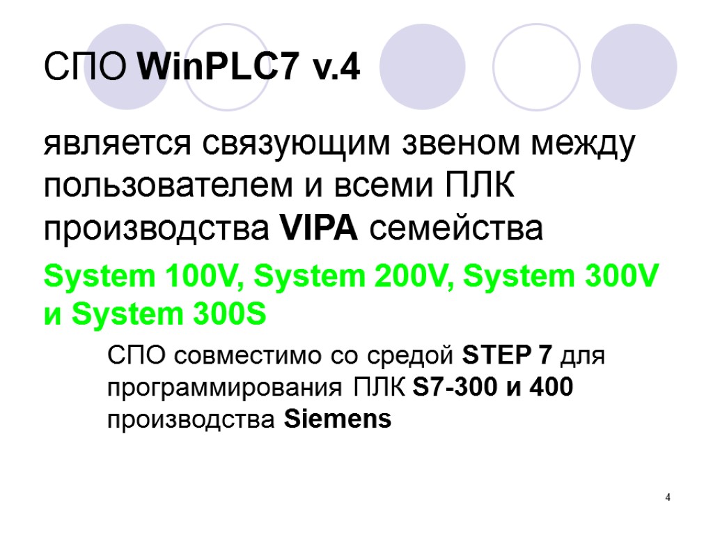 4 СПО WinPLC7 v.4 является связующим звеном между пользователем и всеми ПЛК производства VIPA